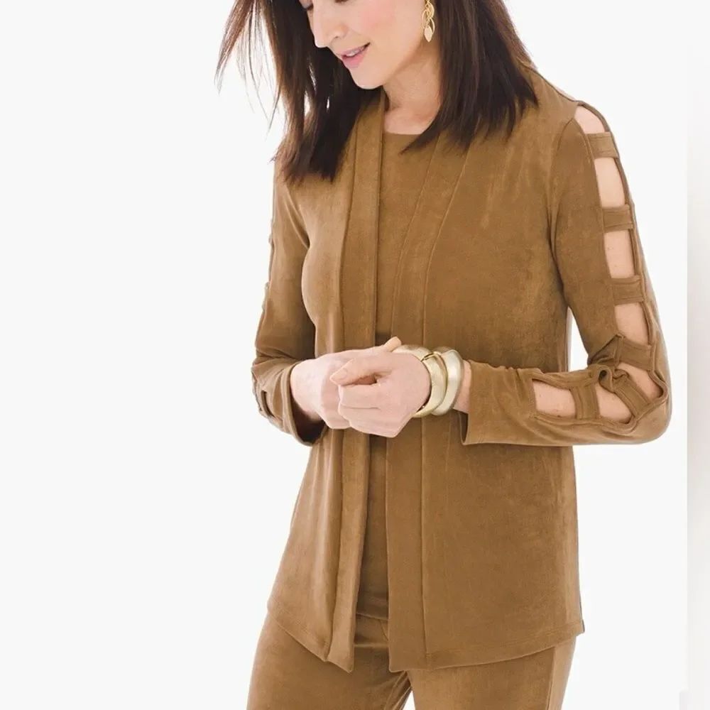 Chico’s Travelers Classic Wrinkle Free Cutout-Sleeve Jacket In Brown Size L